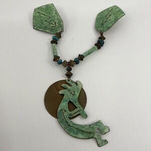Vtg Native American Kokopelli Brooch Pin Pendant Turquoise Copper? 5" Southwest